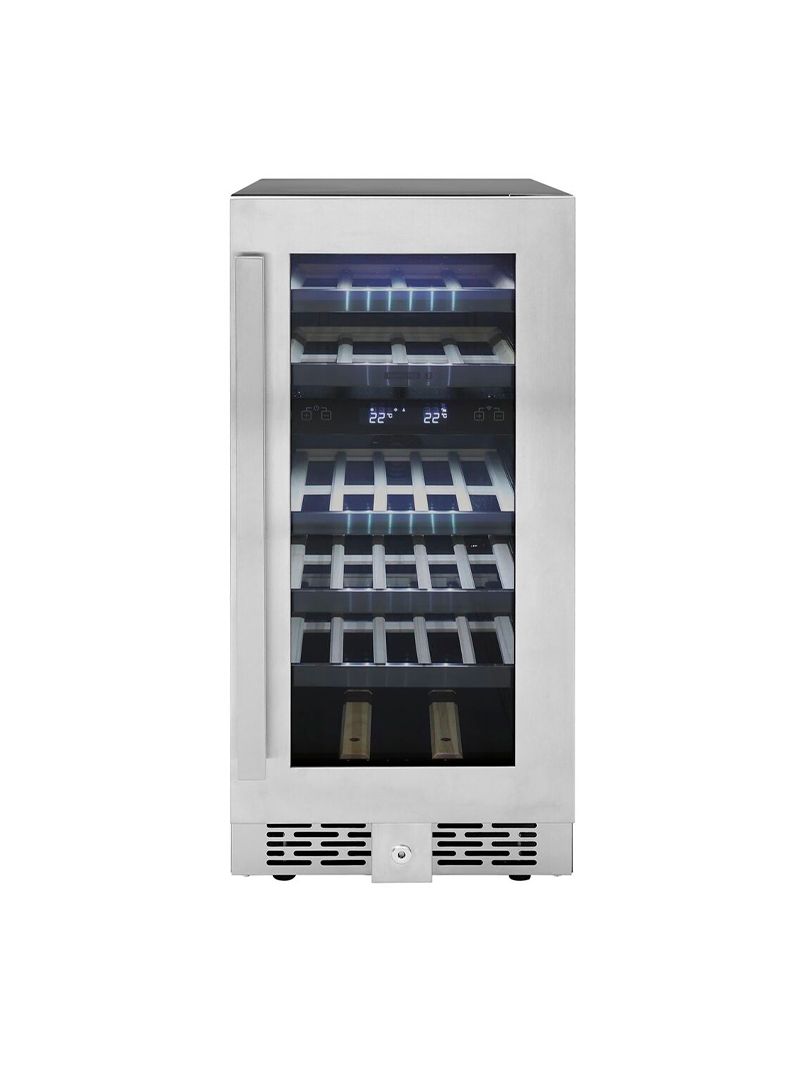 Adega para 27 garrafas em inox com porta de vidro, design compacto e iluminação em LED que valoriza sua coleção com elegância e tecnologia.