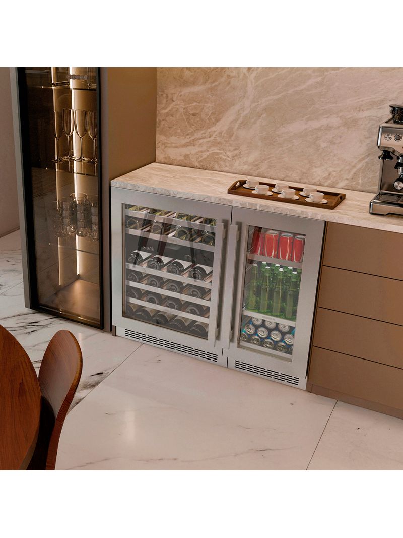 Instalação versátil que permite composição em dupla com cervejeira, outra adega ou módulos complementares, criando um espaço gourmet sofisticado e perfeitamente integrado.