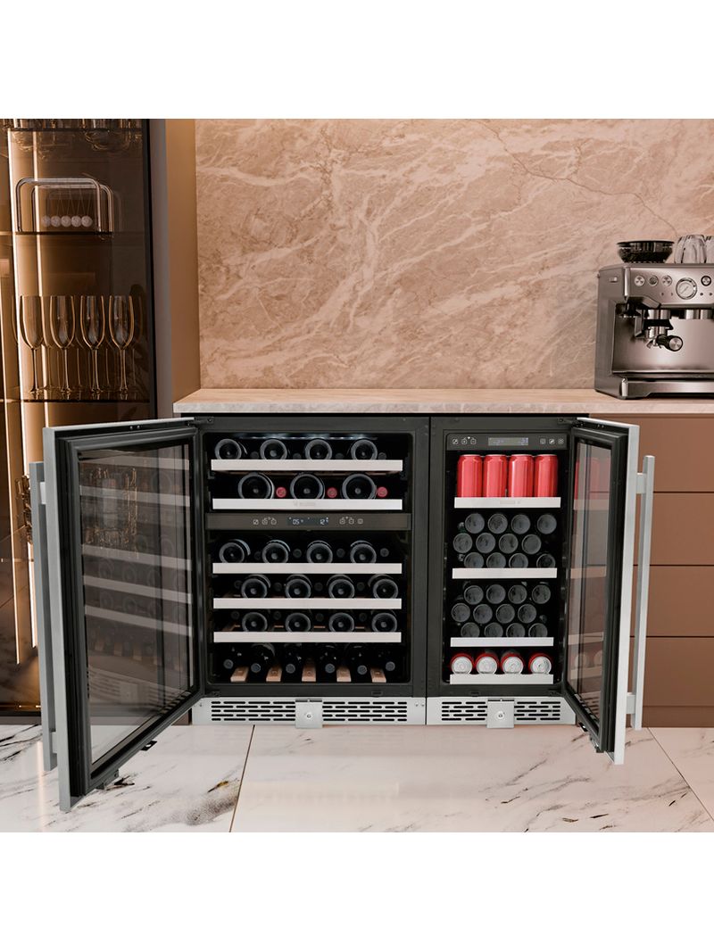 Porta com abertura reversível para melhor adaptação ao projeto, prateleiras em madeira com elegante efeito em nós e instalação com embutimento preciso que garante integração perfeita ao ambiente.