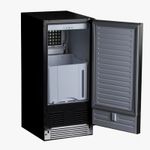 Design interno funcional da máquina de gelo, com compartimento de armazenamento integrado e sistema automático de produção, garantindo praticidade e eficiência no uso diário.