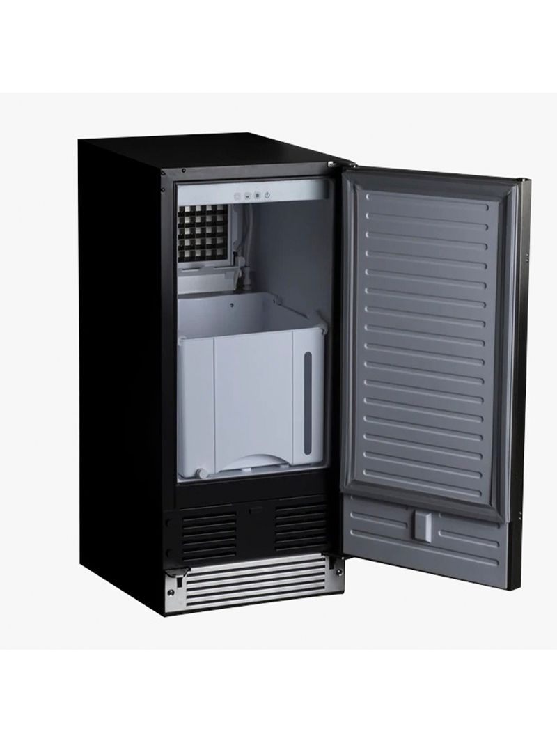 Design interno funcional da máquina de gelo, com compartimento de armazenamento integrado e sistema automático de produção, garantindo praticidade e eficiência no uso diário.