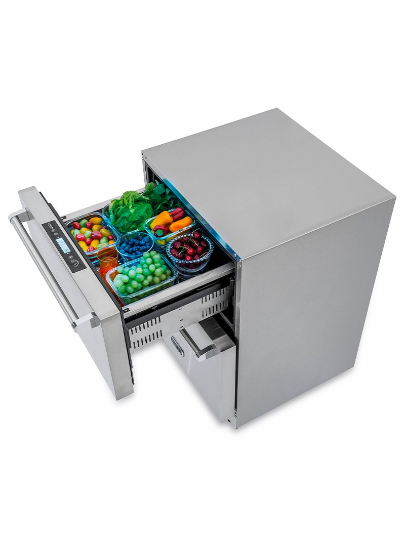 Iluminação por LEDs elegante luz fria e uniforme no interior acionada automaticamente ao abrir as gavetas.