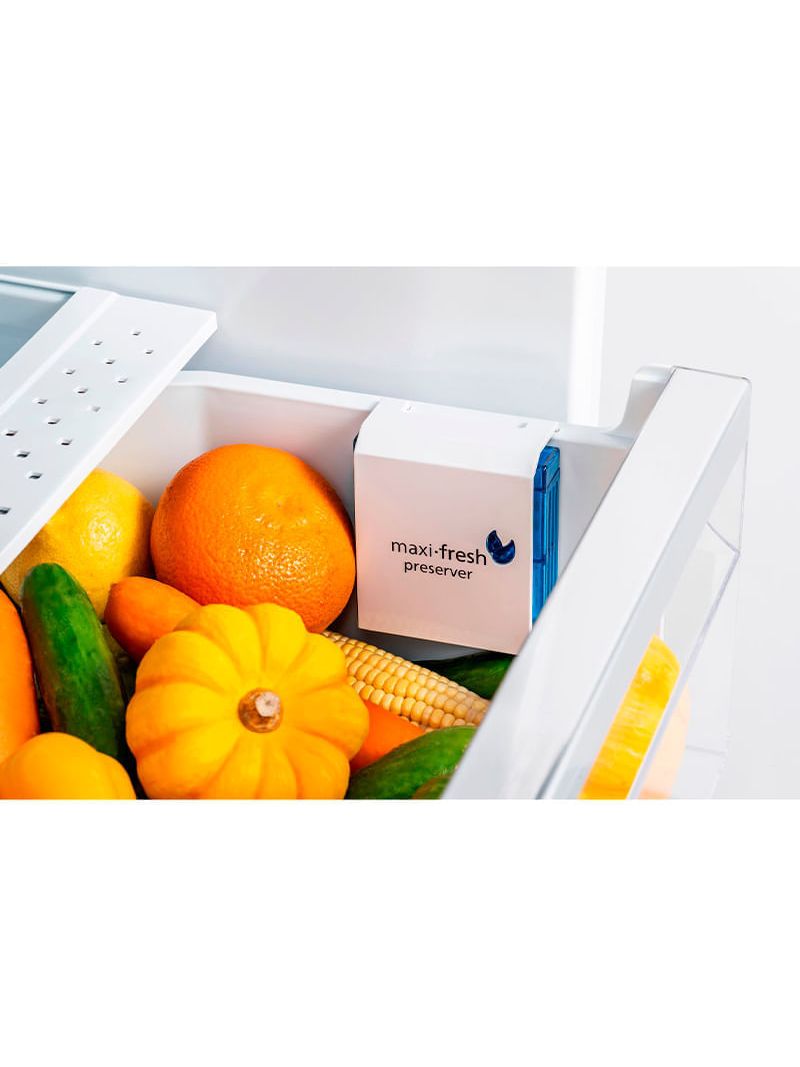 Maxi-Fresh preserva alimentos frescos por mais tempo através da filtragem do ar removendo o gás etileno liberado naturalmente pelos mesmos e também os demais odores do refrigerador.