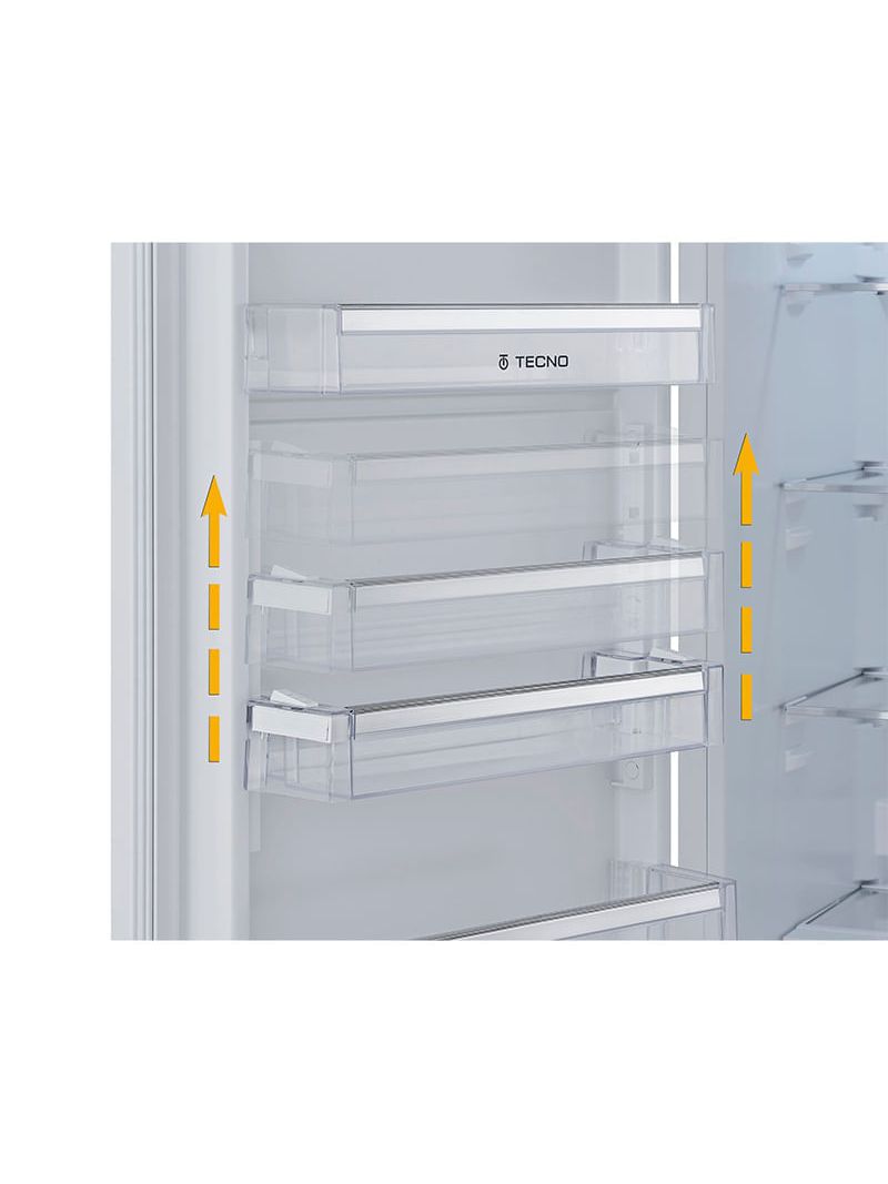 Ajuste rápido das prateleiras permite alterar sempre que necessário as alturas das prateleiras centrais da porta por meio dos botões laterais, acomodando melhor garrafas e embalagens de todos os tamanhos.