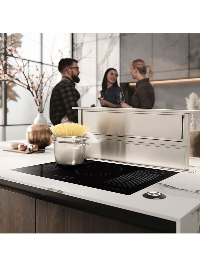 Funcionamento silencioso de 36 dB a 56 dB com avançados sistemas de aspiração que tornam a Rise a mais silenciosa da categoria, permitindo cozinhar em silêncio mesmo com a velocidade máxima da coifa.