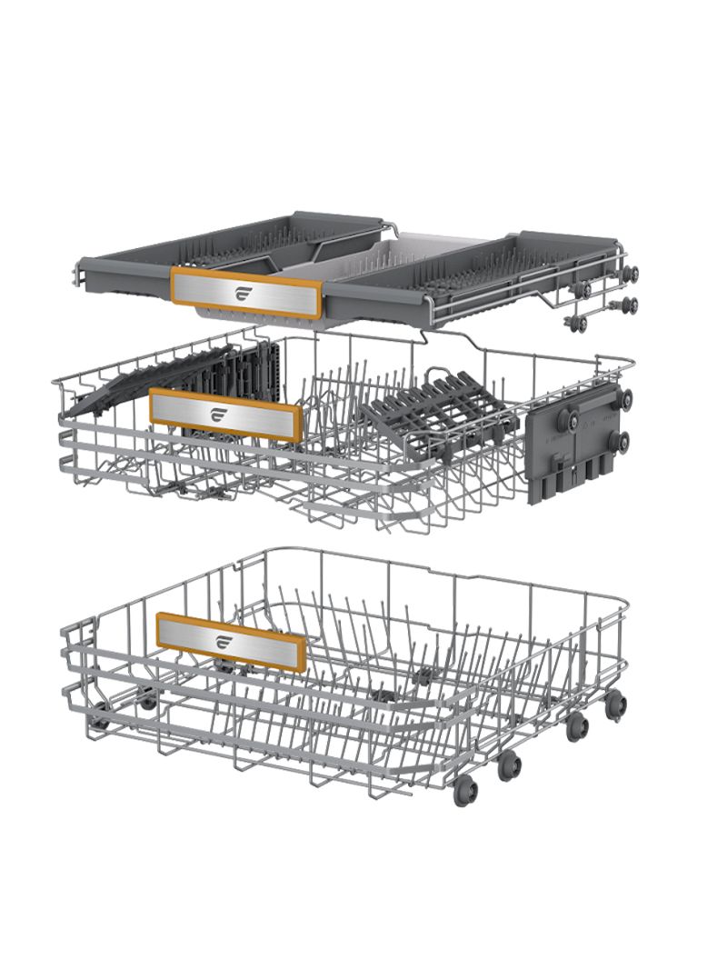 Sistema de cestos inteligente com cesto superior para talheres, cesto intermediário ajustável e cesto superior com duas prateleiras dobráveis.