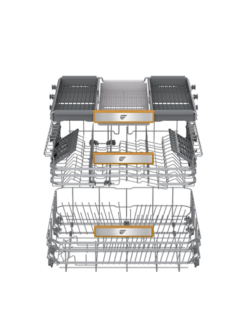 Configuração interna versátil com três cestos ajustáveis e prateleiras dobráveis, que facilitam a organização e a adaptação a diferentes tipos de louças e utensílios.