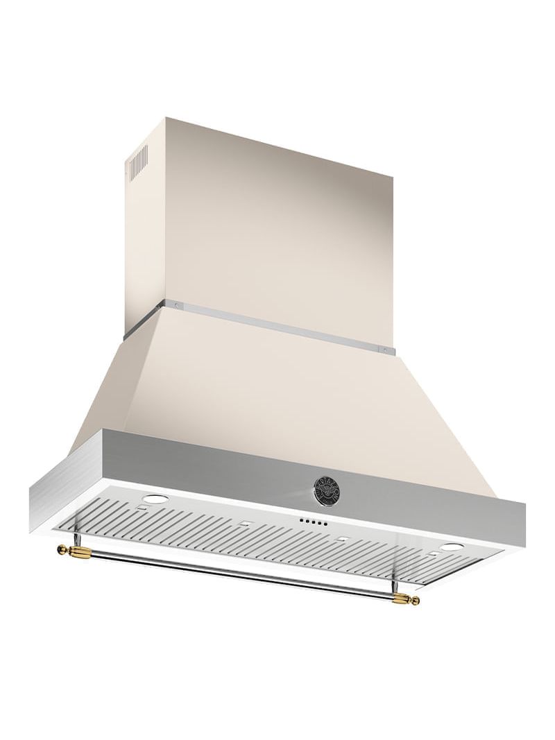 Coifa de Parede Bertazzoni Heritage de 122cm, cor inox marfim e dourado.
