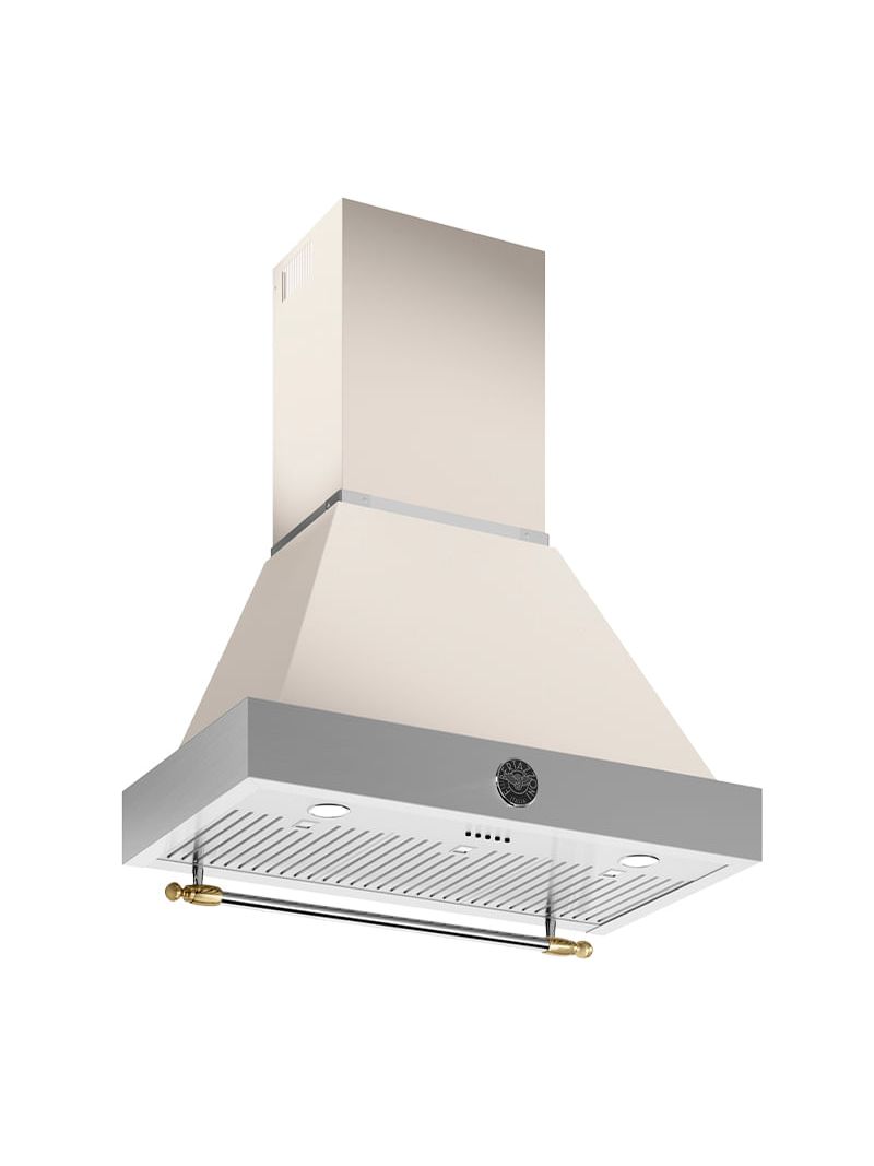 Coifa de Parede Bertazzoni Heritage de 91cm, cor inox marfim e dourado.