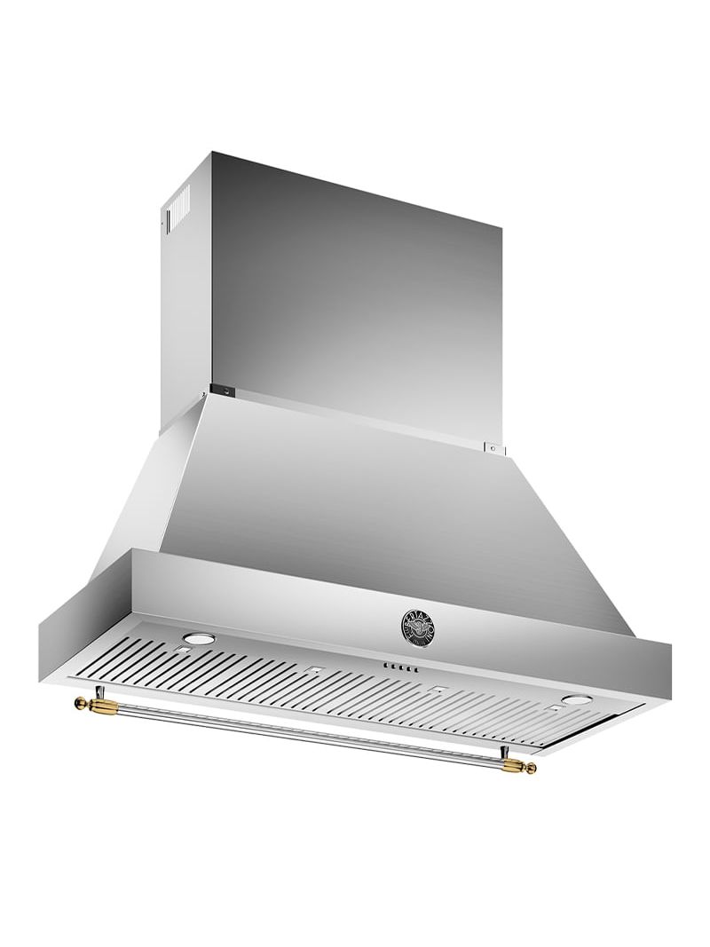 Coifa de Parede Bertazzoni Heritage de 122cm, em inox e dourado.