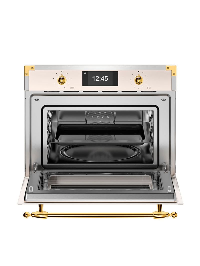 Ampla Capacidade Interna de 40 litros, prepara grandes alimentos em suas bandejas de vidro.