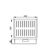 Escorredor com 39,2 cm de largura, 30,5 cm de profundidade e 80 mm de altura, garante encaixe preciso e proporções ideais para uso integrado à cuba.