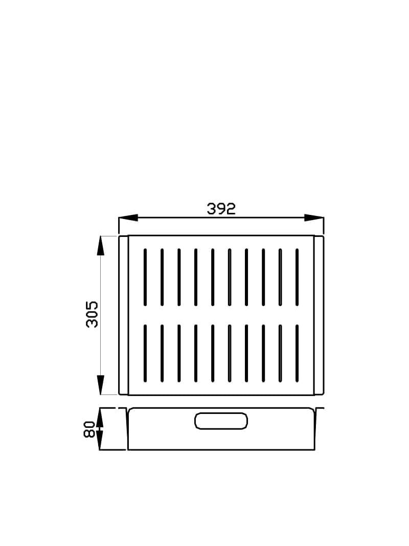 Escorredor com 39,2 cm de largura, 30,5 cm de profundidade e 80 mm de altura, garante encaixe preciso e proporções ideais para uso integrado à cuba.