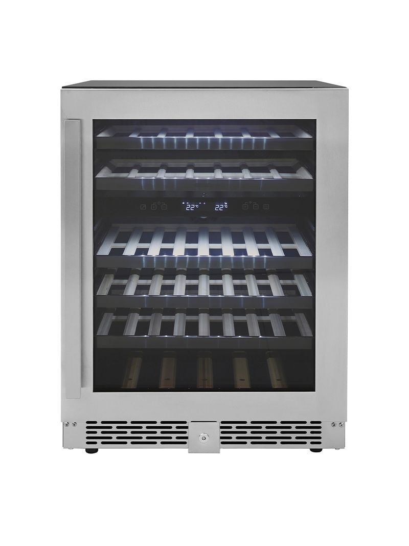 Adega para 45 garrafas em inox com porta de vidro, design sofisticado e iluminação em LED que valoriza sua coleção com elegância e tecnologia.