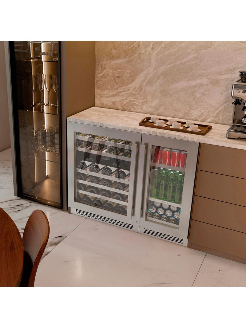 Instalação side by side que une adega e cervejeira com elegância, criando um espaço gourmet completo, funcional e perfeitamente integrado ao ambiente.