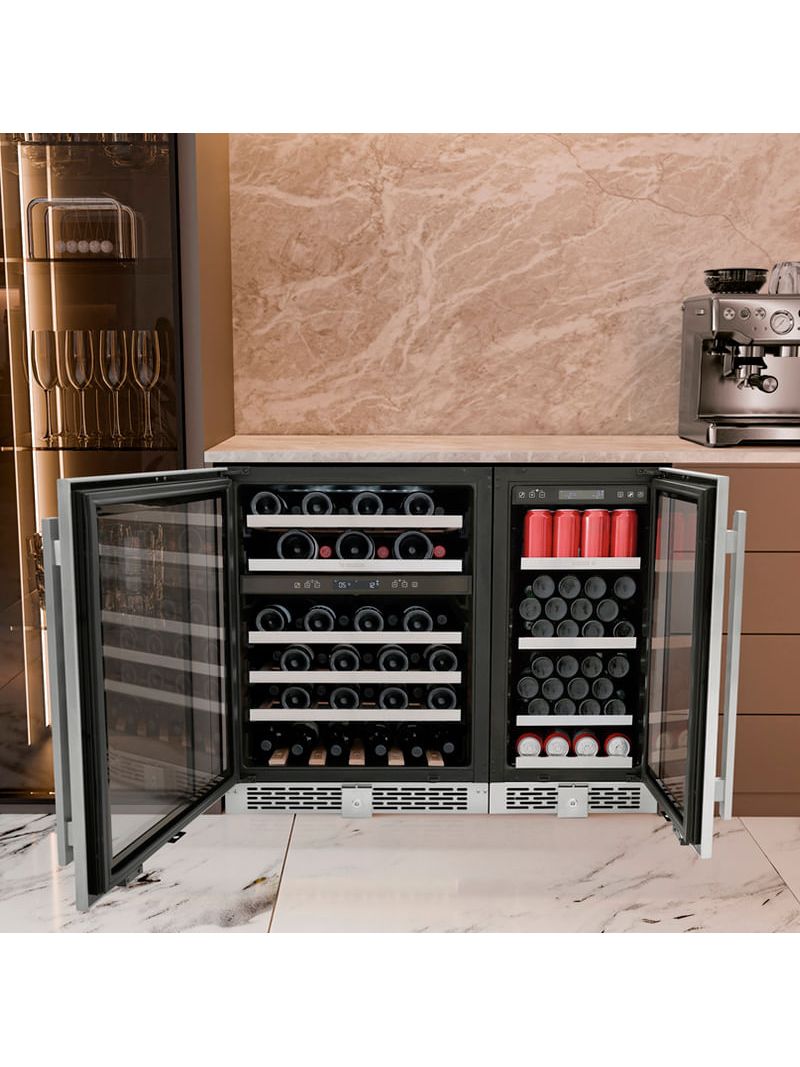 Interior versátil com prateleiras ajustáveis que acomodam latas e garrafas com organização, mantendo cada bebida na temperatura ideal para servir.