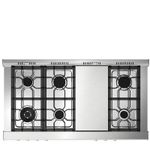 Mesa com 6 queimadores italianos Sabaf em alumínio e chapa bistequeira central com queimador em U, para potência e preparo uniforme.