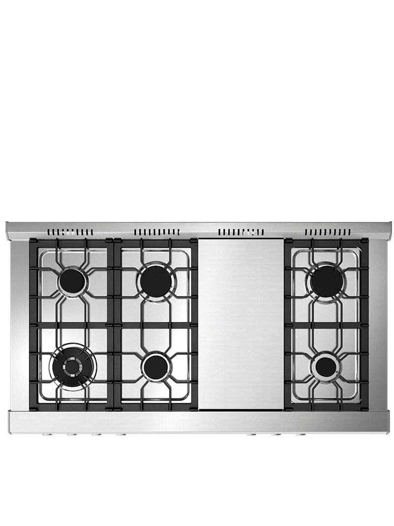 Mesa com 6 queimadores italianos Sabaf em alumínio e chapa bistequeira central com queimador em U, para potência e preparo uniforme.