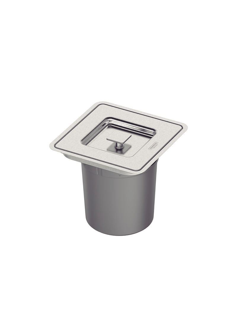 Tampa em aço inox com acabamento elegante e balde interno em plástico resistente para uso prático e durável.