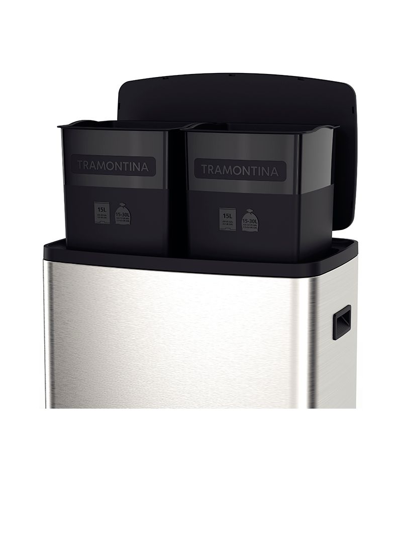 Duplo compartimento que permite separar resíduos recicláveis e orgânicos com mais praticidade no dia a dia.