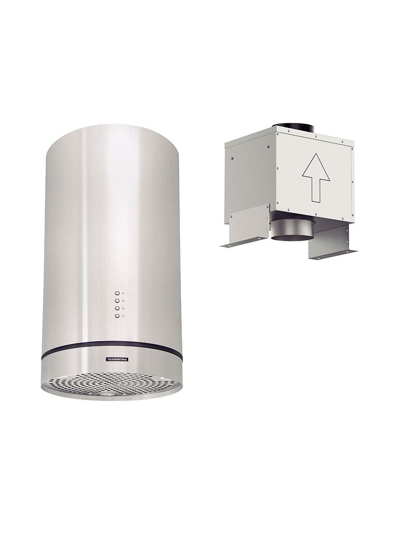 Coifa de Ilha Split Tramontina Tube Isla 35cm com acabamento em aço inox. Compacta e ideal para cooktops de até 4 bocas.