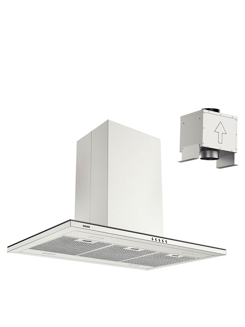 Coifa de Ilha Split Tramontina Slim Isla 90cm com acabamento em inox e vidro bisotado temperado.