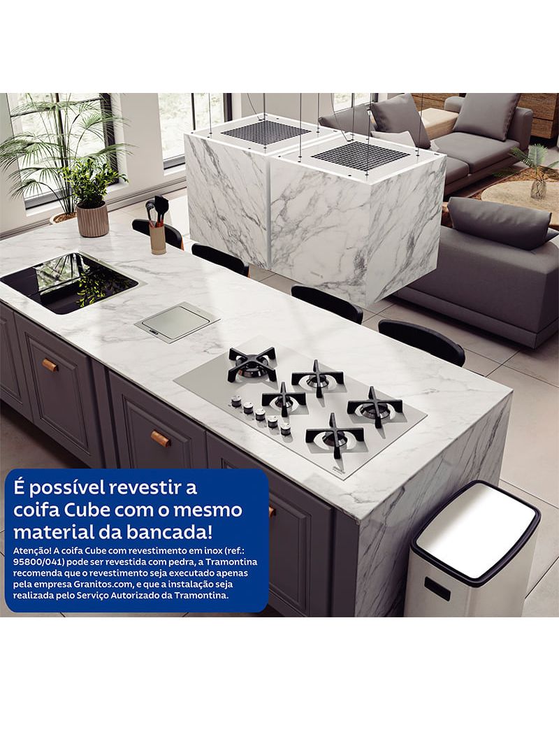 A Coifa Cube pode ser revestida com o mesmo material da bancada, criando um visual integrado e sofisticado.