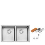Cuba Dupla Tramontina Quadrum 77 cm em inox com acessórios, com instalação versátil nos modos flush, semi-flush ou undermount.