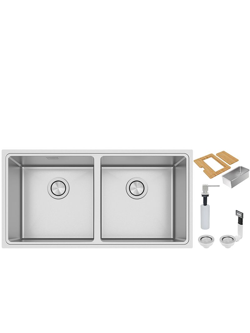 Cuba Dupla Tramontina Quadrum + Dosador de Sabão 89cm em inox com acessórios, com instalação versátil nos modos flush, semi-flush ou undermount.