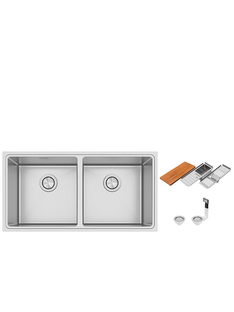 Cuba Dupla Tramontina Quadrum 89 cm em inox, com escorredor de pratos, escorredor de copos e talheres, além de válvulas inclusas.