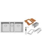 Cuba Tripla Tramontina Quadrum 97 cm em inox, acompanha tábua de madeira com tampa, escorredor de pratos, escorredor de taças e válvulas inclusas.