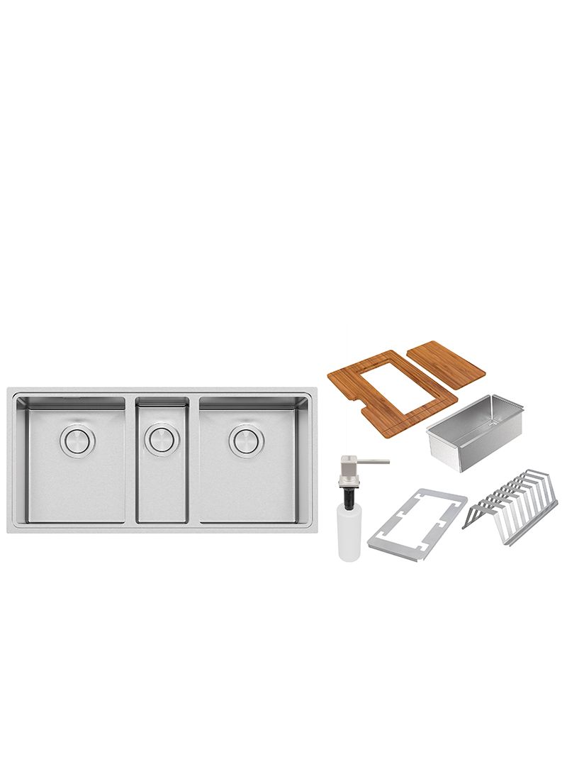 Cuba Tripla Tramontina Quadrum 97 cm em inox, acompanha tábua de madeira com tampa, escorredor de pratos, escorredor de taças e válvulas inclusas.