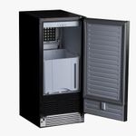 Design interno funcional da máquina de gelo, com compartimento de armazenamento integrado e sistema automático de produção, garantindo praticidade e eficiência no uso diário.