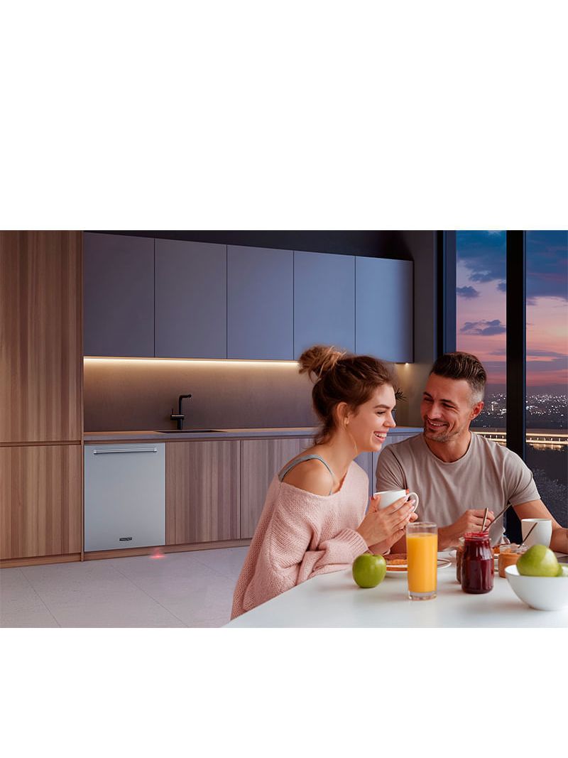 UltraSilent de 41 dB com alto conforto acústico para cozinhas e ambientes integrados.
