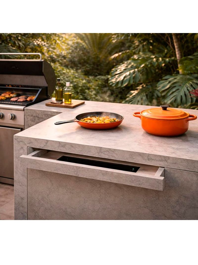 Perfeito para áreas gourmet, funciona como apoio à churrasqueira, ampliando a área de preparo com praticidade, discrição e integração total ao ambiente.