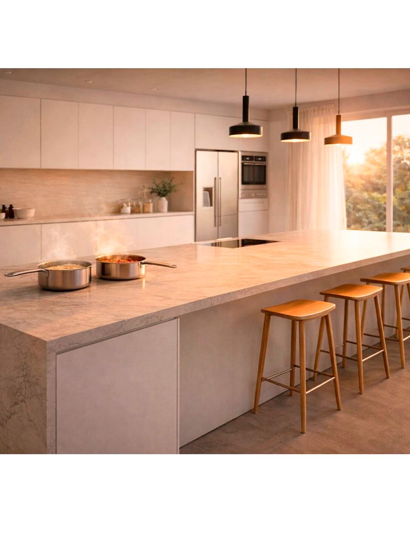 Cozinhe sem limites visuais. Uma bancada totalmente livre que une preparo, convivência e design em um único espaço.